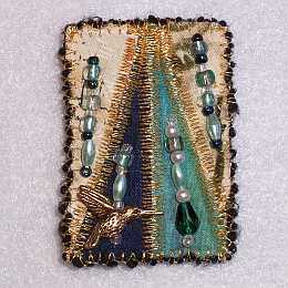 Turquoise, Aqua Rectangle Beaded Art Quilt Pin, Pendant,  Sue Andrus